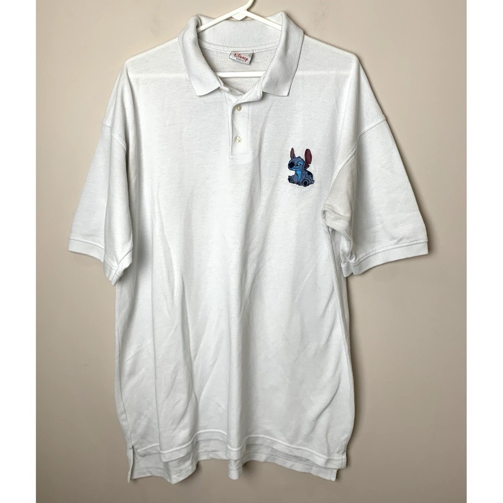 Disney Store Lilo & Stitch Polo Shirt Mens XL White Embroidered Poly/Cotton